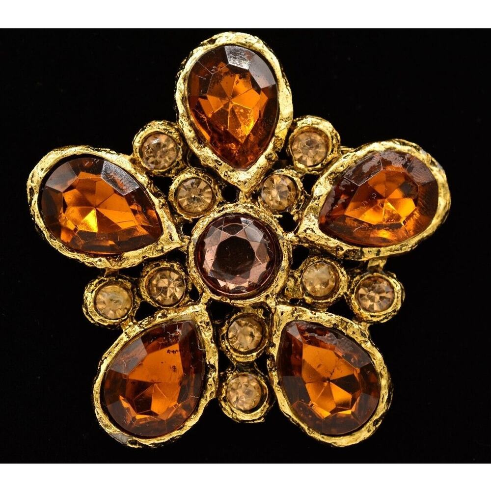 Vintage Crystal Flower Pin Brooch Amber Chocolate Antiqued Gold Heavy 90s BinAC
